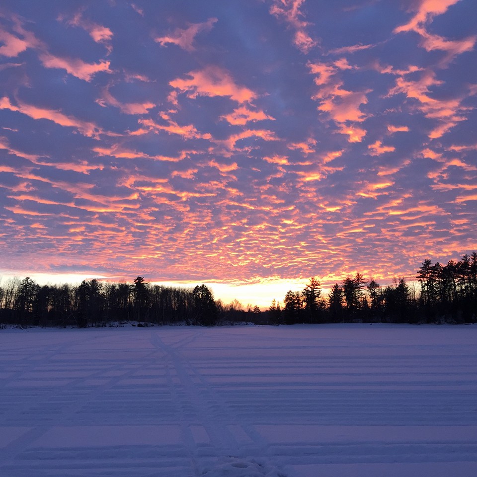 a snowy landscape with trees in the distance under a colorful sky